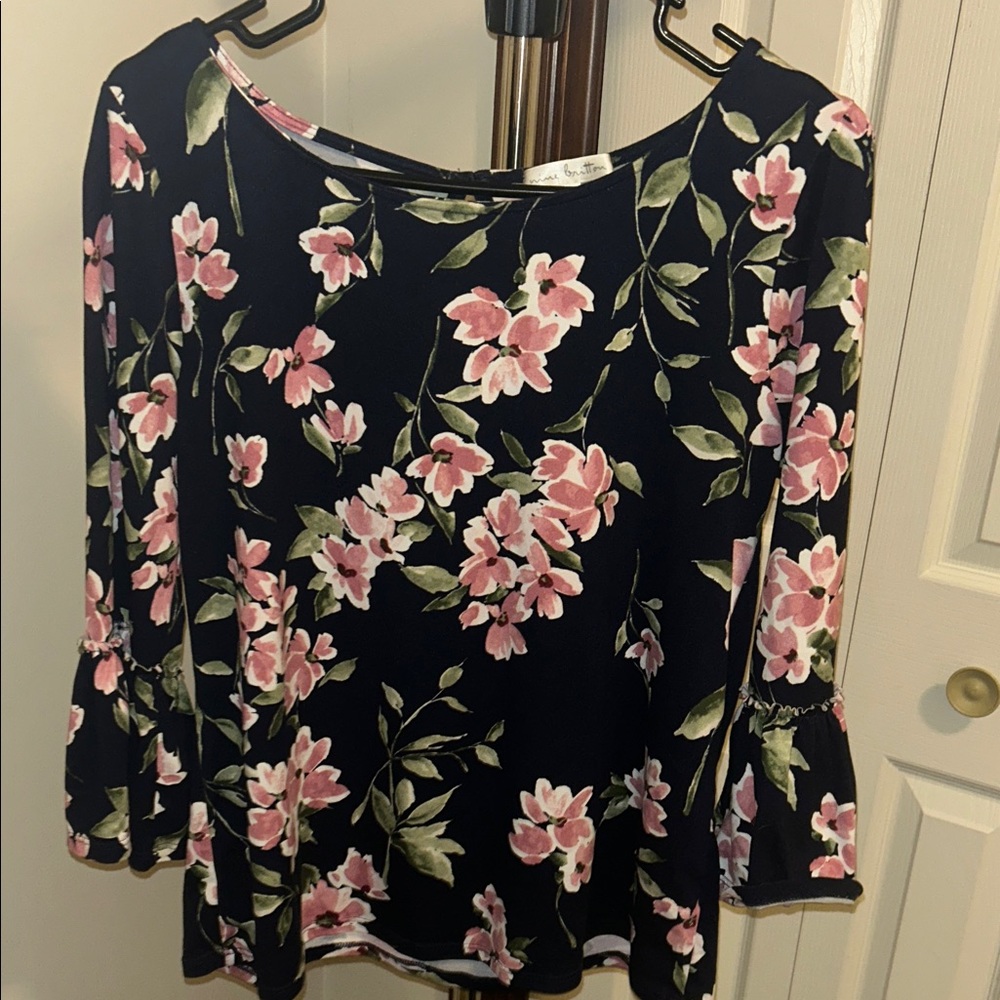 Nine Britton Blue Blouse with Pink and Green Floral
